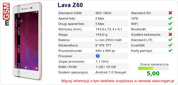 Dane telefonu Lava Z60 Dane telefonu Lava Z60