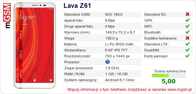 Dane telefonu Lava Z61 Dane telefonu Lava Z61
