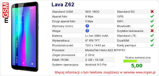 Dane telefonu Lava Z62