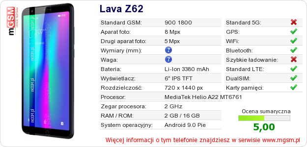 Dane telefonu Lava Z62