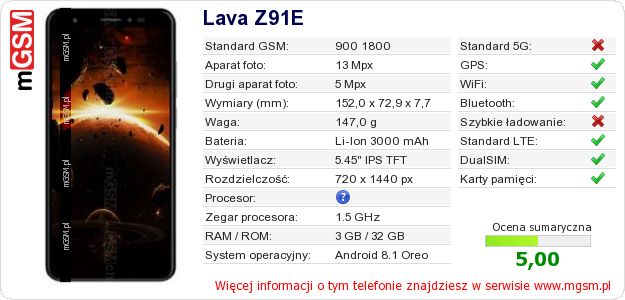 Dane telefonu Lava Z91E Dane telefonu Lava Z91E