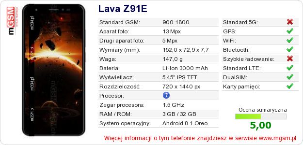 Dane telefonu Lava Z91E