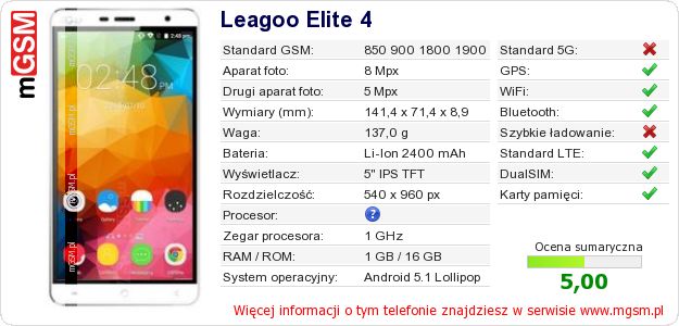 Dane telefonu Leagoo Elite 4 Dane telefonu Leagoo Elite 4