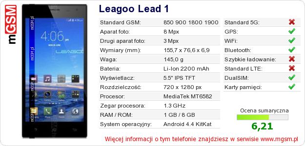 Dane telefonu Leagoo Lead 1