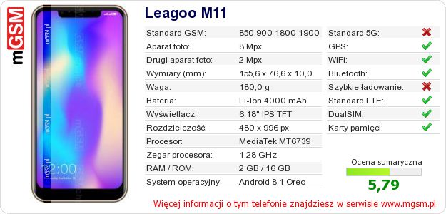 Dane telefonu Leagoo M11
