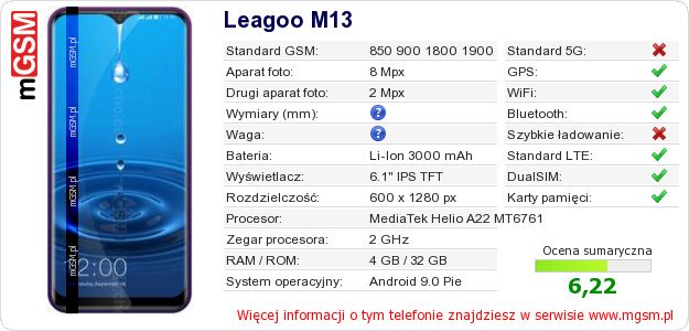 Dane telefonu Leagoo M13