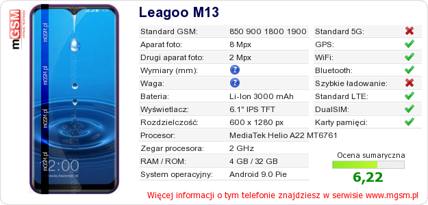Dane telefonu Leagoo M13