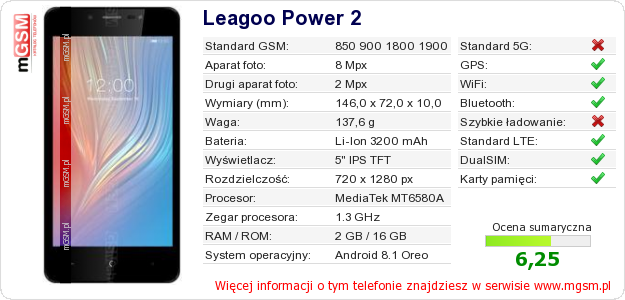 Dane telefonu Leagoo Power 2