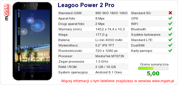 Dane telefonu Leagoo Power 2 Pro