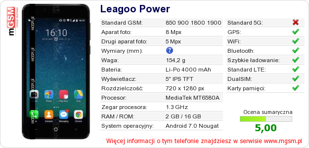 Dane telefonu Leagoo Power Dane telefonu Leagoo Power