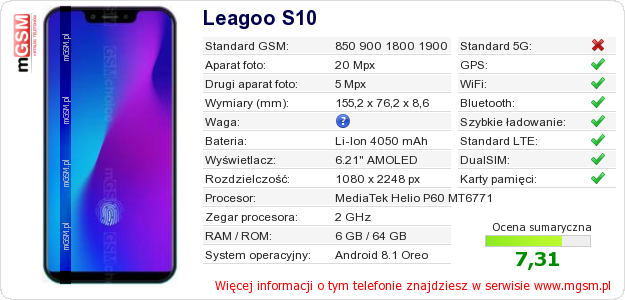 Dane telefonu Leagoo S10 Dane telefonu Leagoo S10