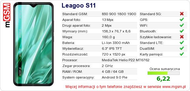 Dane telefonu Leagoo S11 Dane telefonu Leagoo S11
