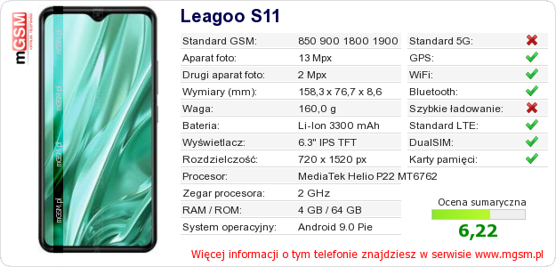 Dane telefonu Leagoo S11 Dane telefonu Leagoo S11