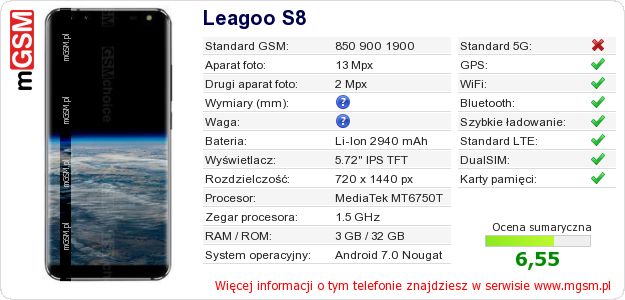 Dane telefonu Leagoo S8