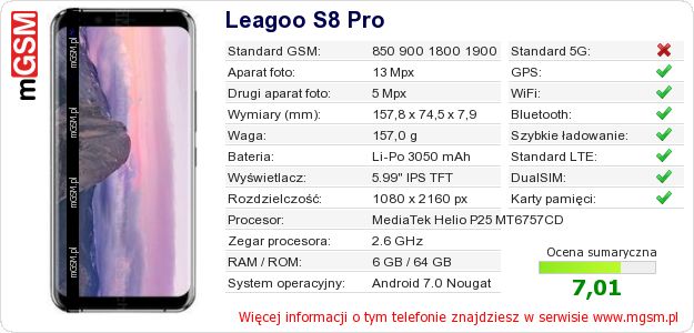 Dane telefonu Leagoo S8 Pro