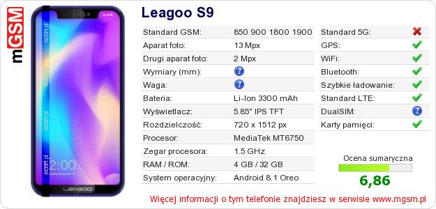 Dane telefonu Leagoo S9 Dane telefonu Leagoo S9