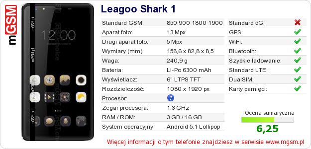 Dane telefonu Leagoo Shark 1