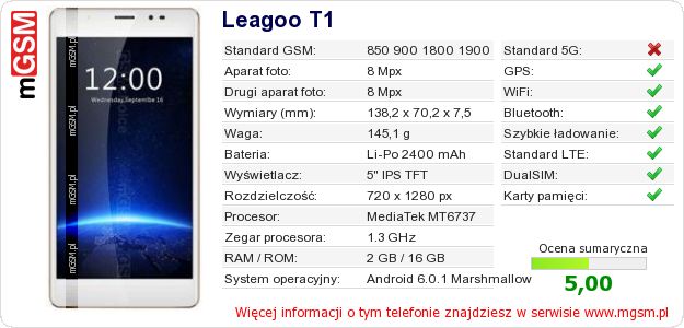 Dane telefonu Leagoo T1