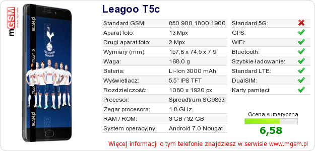 Dane telefonu Leagoo T5c