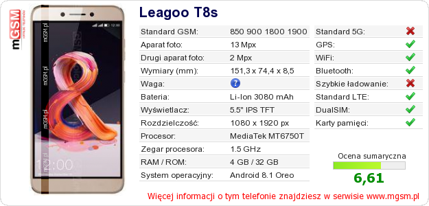Dane telefonu Leagoo T8s