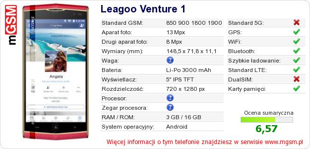 Dane telefonu Leagoo Venture 1