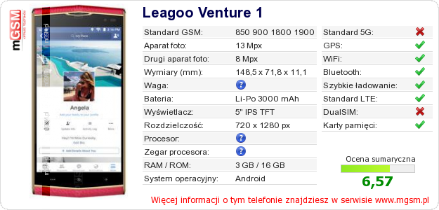 Dane telefonu Leagoo Venture 1