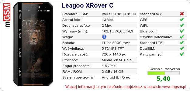 Dane telefonu Leagoo XRover C
