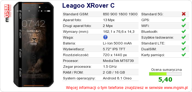 Dane telefonu Leagoo XRover C