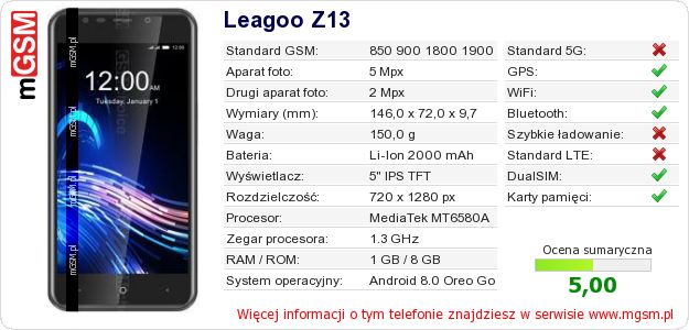 Dane telefonu Leagoo Z13 Dane telefonu Leagoo Z13