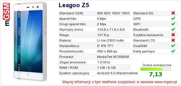 Dane telefonu Leagoo Z5 Dane telefonu Leagoo Z5