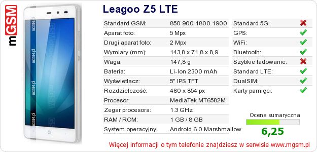 Dane telefonu Leagoo Z5 LTE Dane telefonu Leagoo Z5 LTE