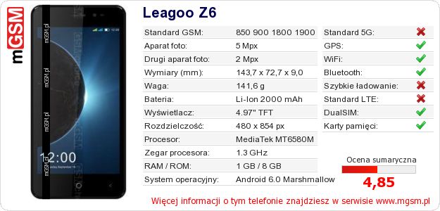 Dane telefonu Leagoo Z6