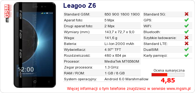 Dane telefonu Leagoo Z6