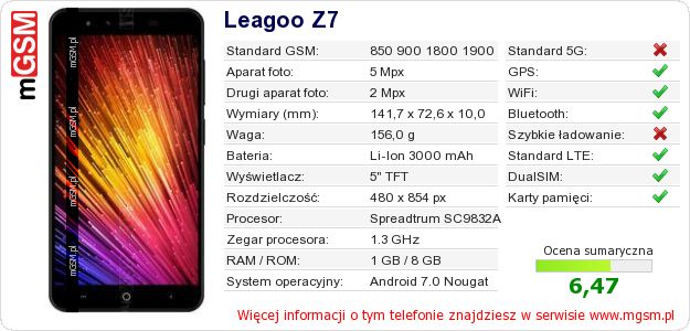 Dane telefonu Leagoo Z7 Dane telefonu Leagoo Z7