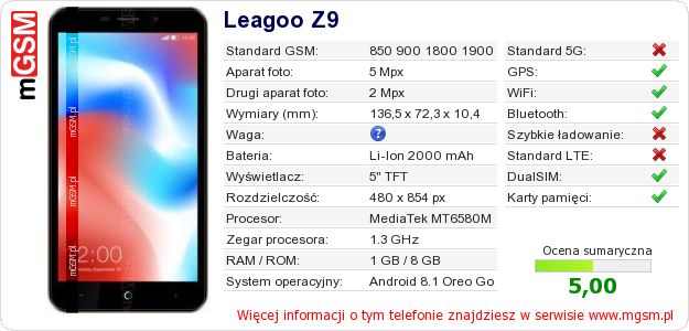 Dane telefonu Leagoo Z9