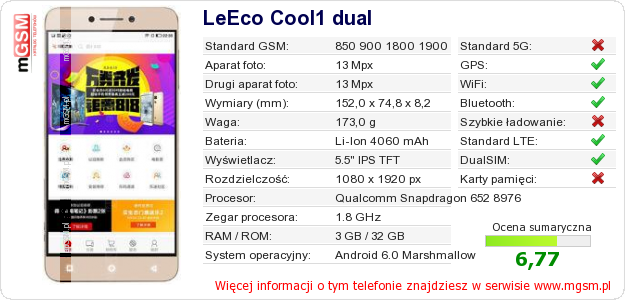 Dane telefonu LeEco Cool1 dual Dane telefonu LeEco Cool1 dual