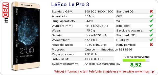 Dane telefonu LeEco Le Pro 3