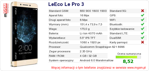 Dane telefonu LeEco Le Pro 3 Dane telefonu LeEco Le Pro 3