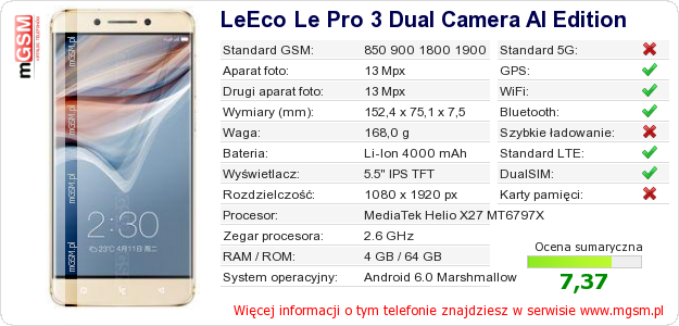 Dane telefonu LeEco Le Pro 3 Dual Camera Al Edition