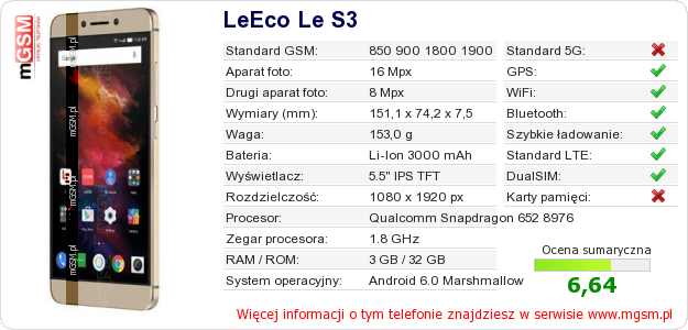 Dane telefonu LeEco Le S3