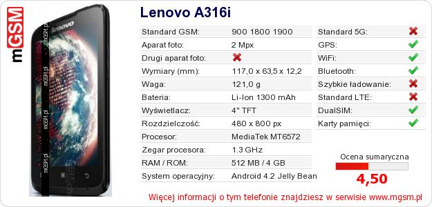 Dane telefonu Lenovo A316i Dane telefonu Lenovo A316i