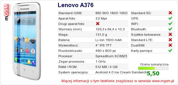 Dane telefonu Lenovo A376