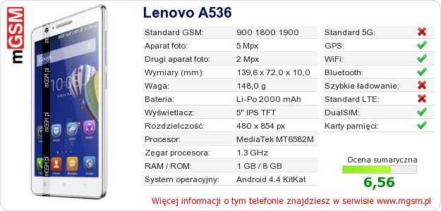 Dane telefonu Lenovo A536 Dane telefonu Lenovo A536