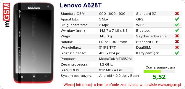 Dane telefonu Lenovo A628T