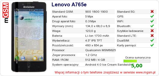 Dane telefonu Lenovo A765e Dane telefonu Lenovo A765e