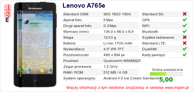 Dane telefonu Lenovo A765e