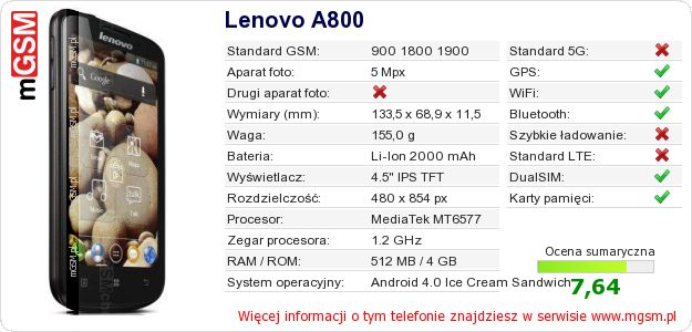 Dane telefonu Lenovo A800