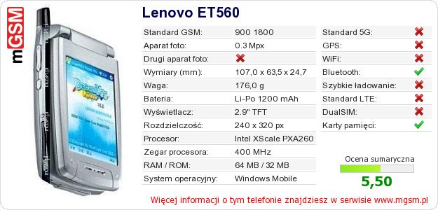 Dane telefonu Lenovo ET560