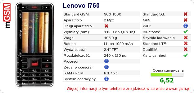 Dane telefonu Lenovo i760