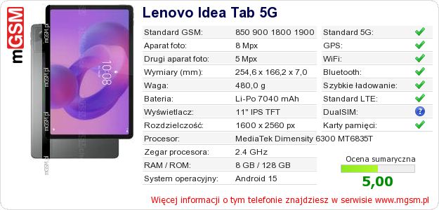 Dane telefonu Lenovo Idea Tab 5G Dane telefonu Lenovo Idea Tab 5G